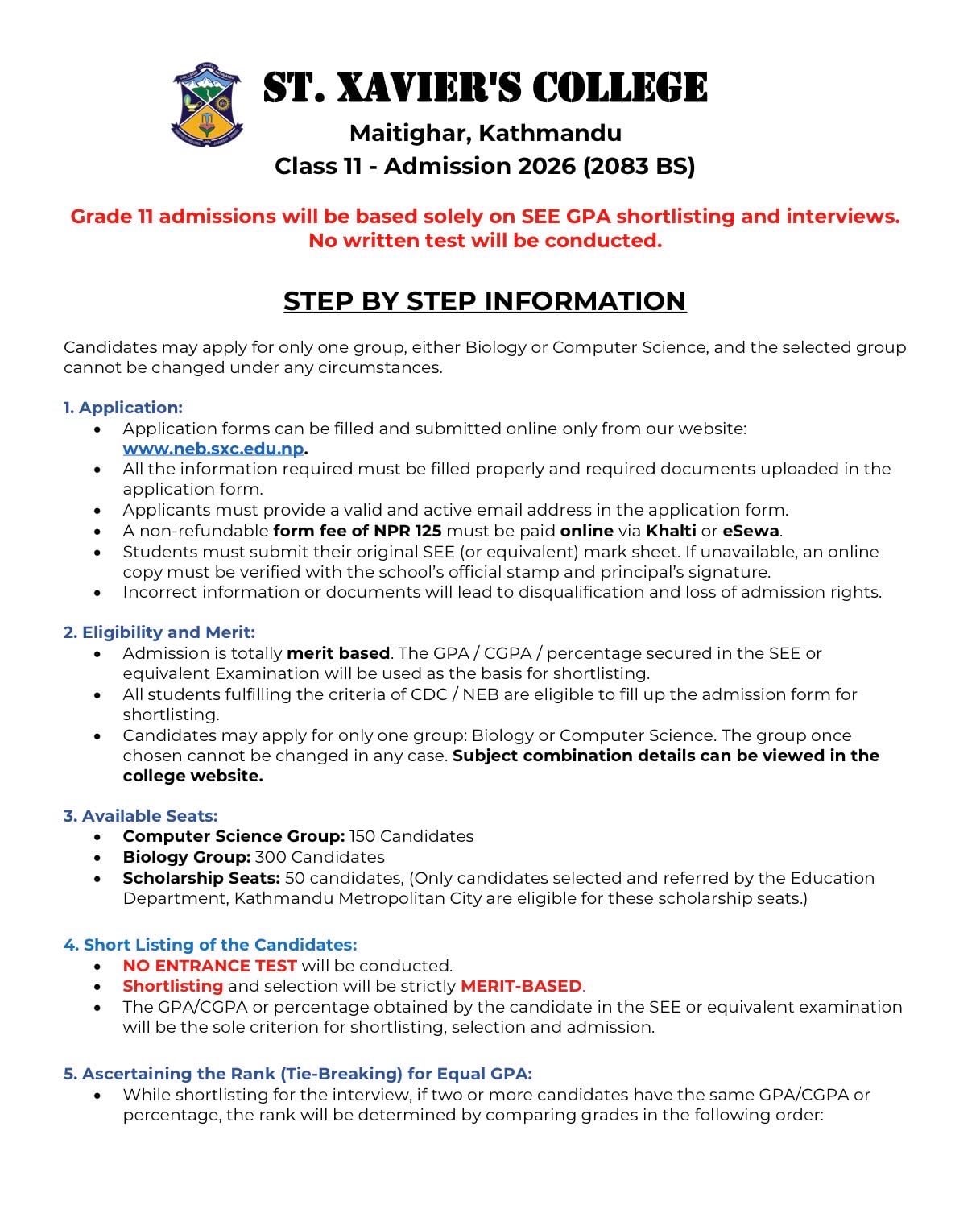ST. XAVIER'S COLLEGE Maitighar, Kathmandu Class 11 - Admission 2026 (2083 BS) Notice