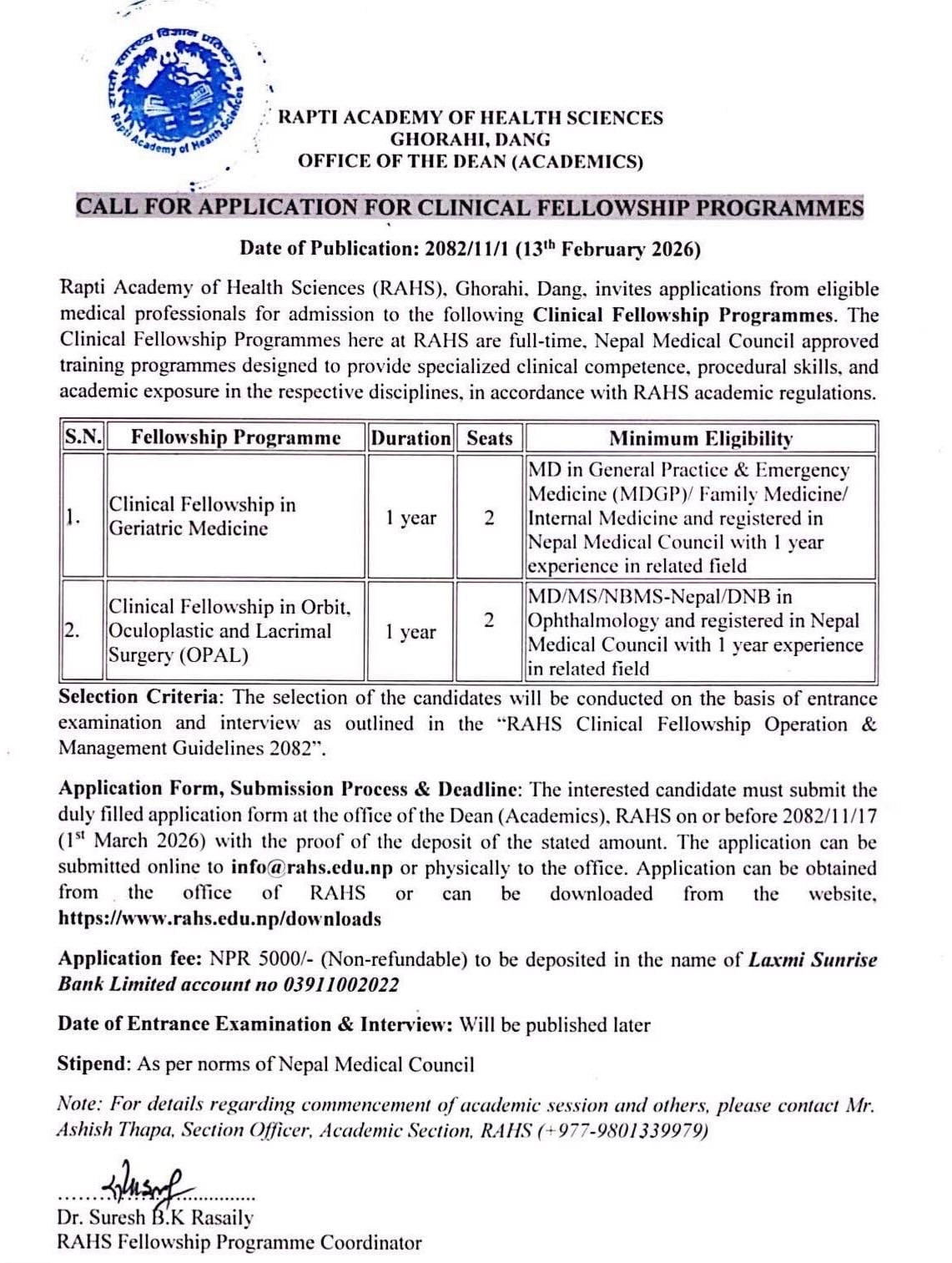Rapti Academy of Health Sciences : Application for Clinical Fellowship