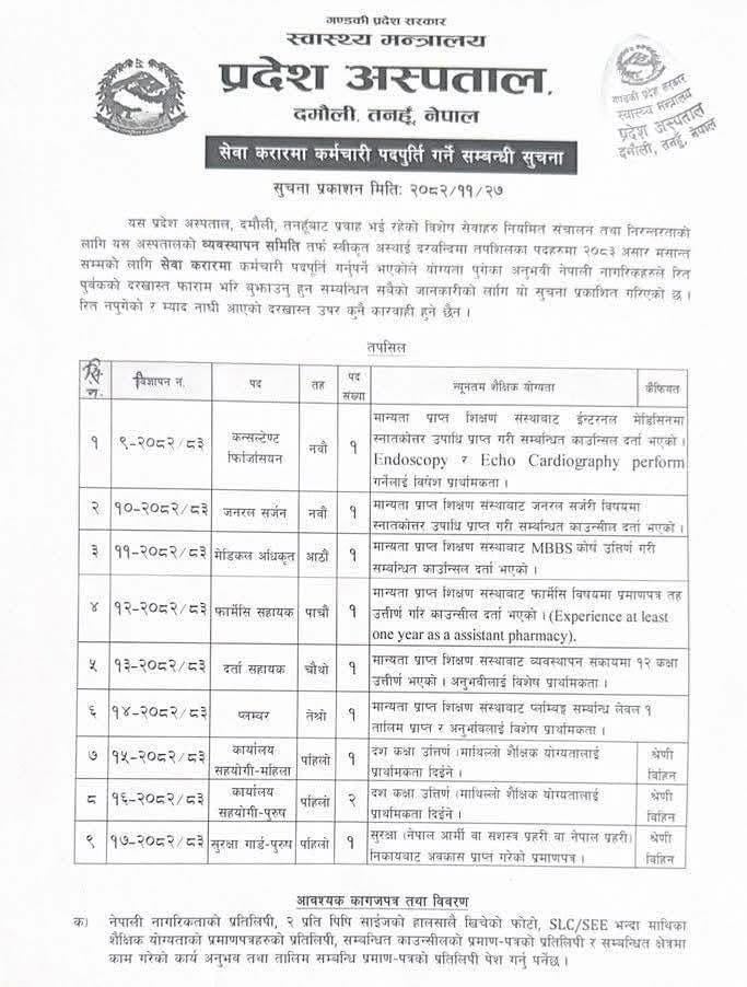 Damauli Provincial Hospital, Tanahu- Vacancy for Consultants,MO and Pharma Asst