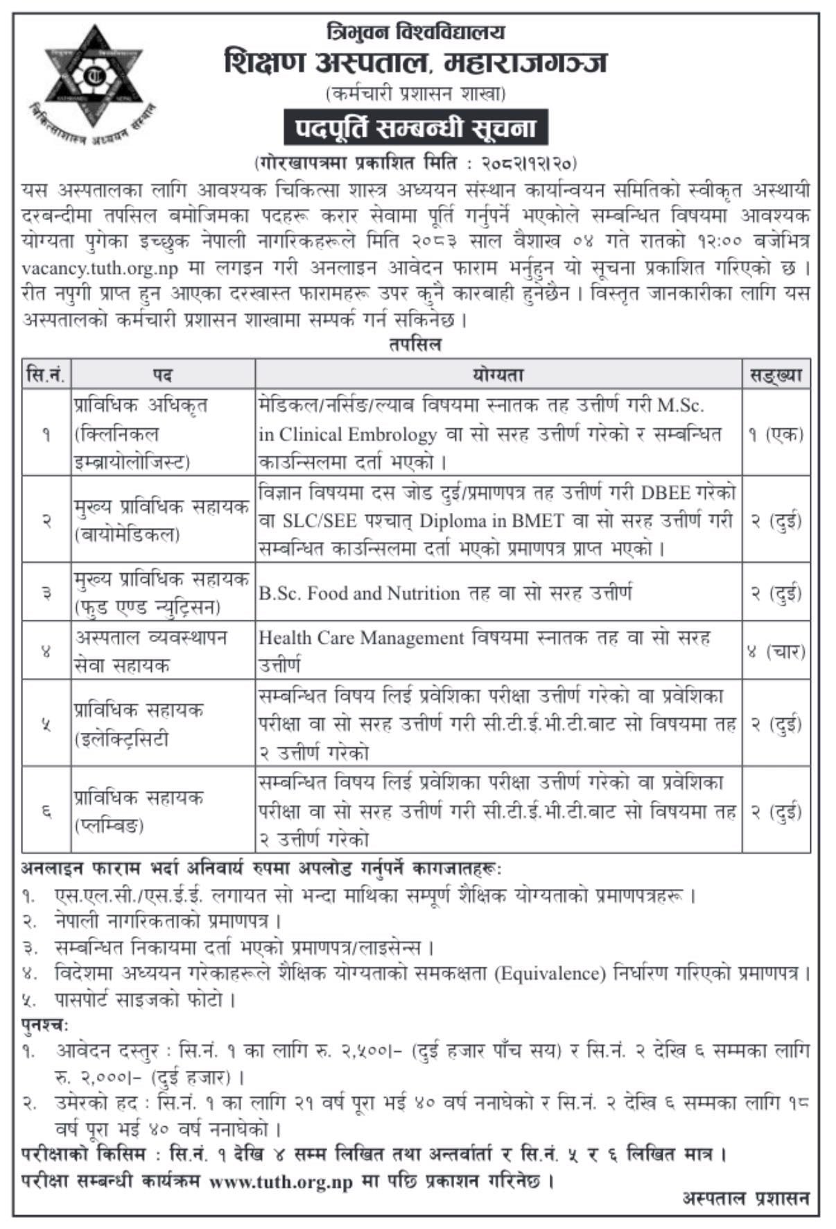 TUTH IOM vacancy in Embryology,Food and Dietetics,Health care Management, Biomedical