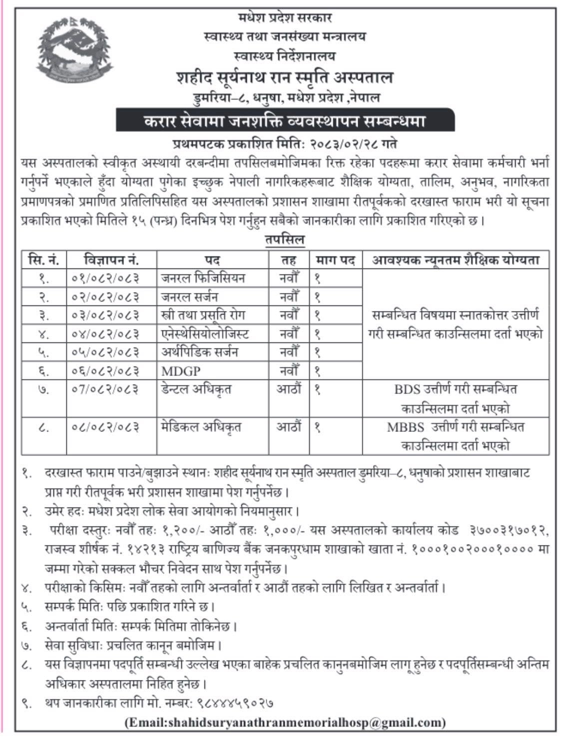 Madhesh Province, Sahid Suryanath Ran Memorial Hospital, Dhanusha - Vacancy for Consultants, Dental Surgeon and Medical Officer