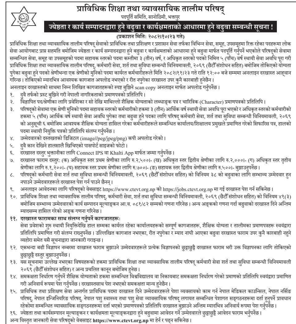 CTEVT vacancy notice for various posts