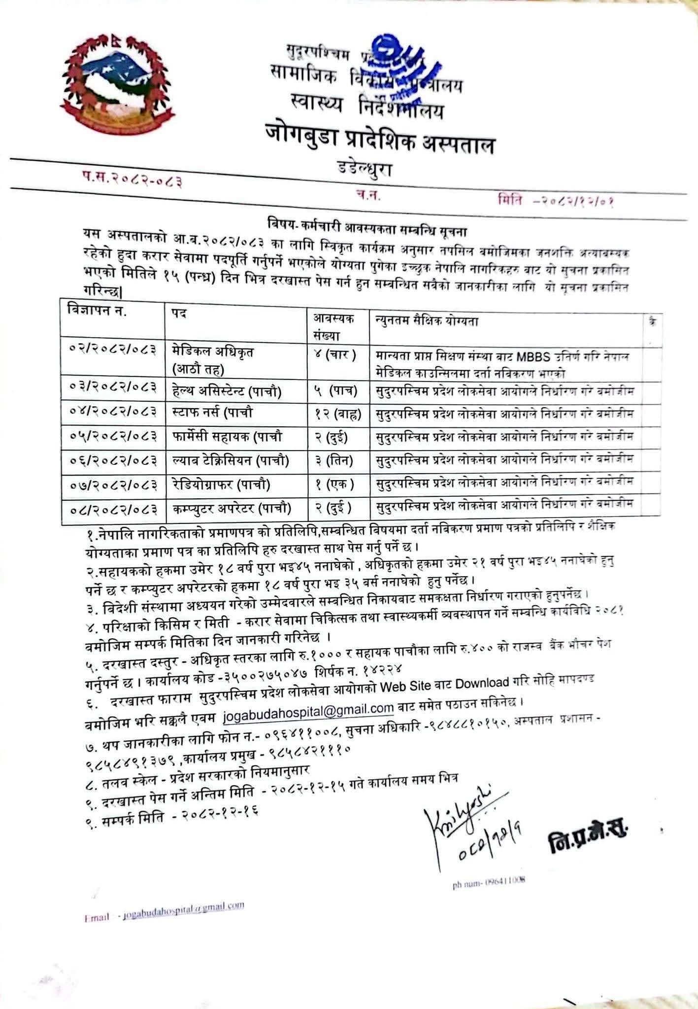 Jogbudha Provincial Hospital, Dadeldhura - Vacancy for Medical Officer, Staff Nurse, H.A. and others