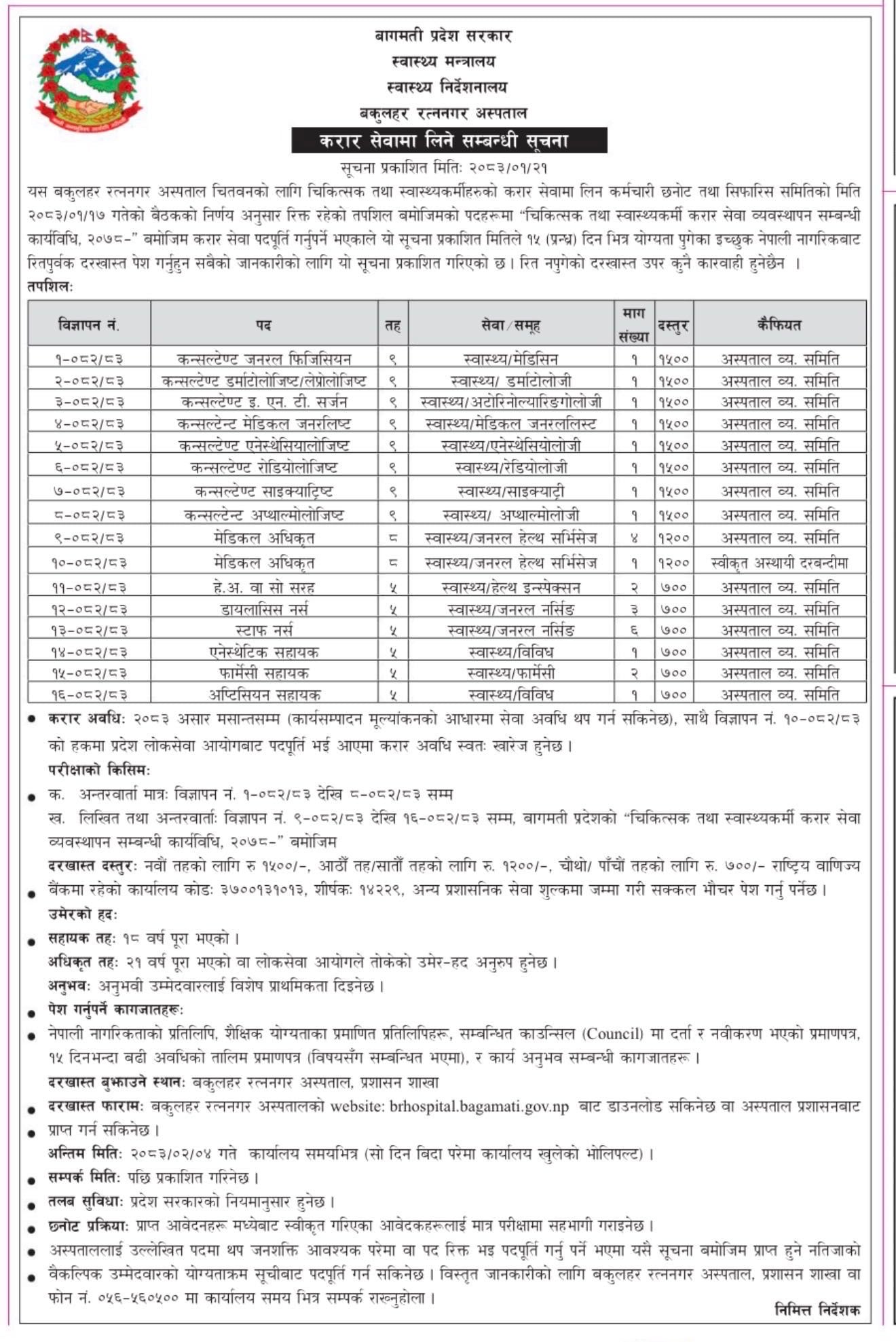 Bagmati Provincial Govt., rRatnanagar Hospital, Chitwan - Vacancy for Medical Officer,Consultants, Staff Nurse and other Health Sector positions