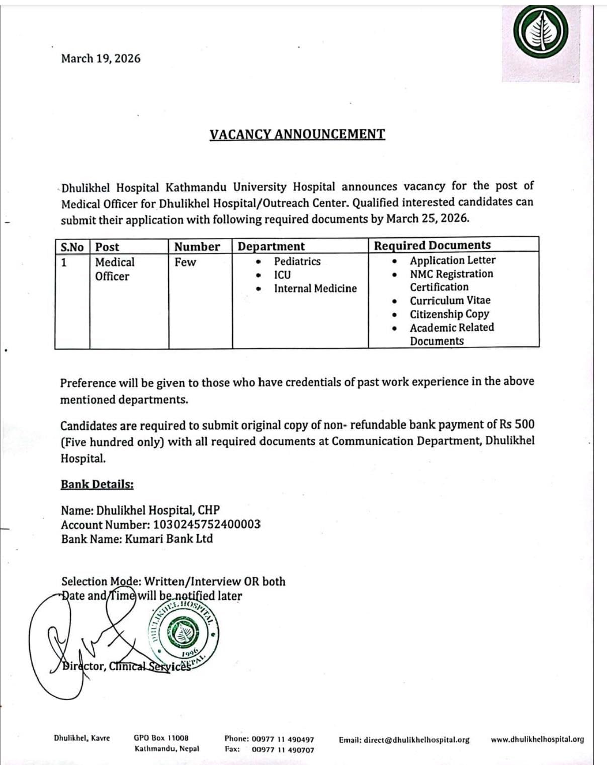 Dhulikhel Hospital-Vacancy for Medical Officer