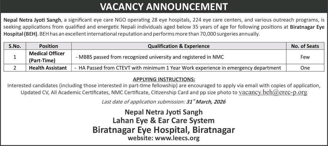 Biratnagar Eye Hospital, Vacancy for Medical Officer and H.A