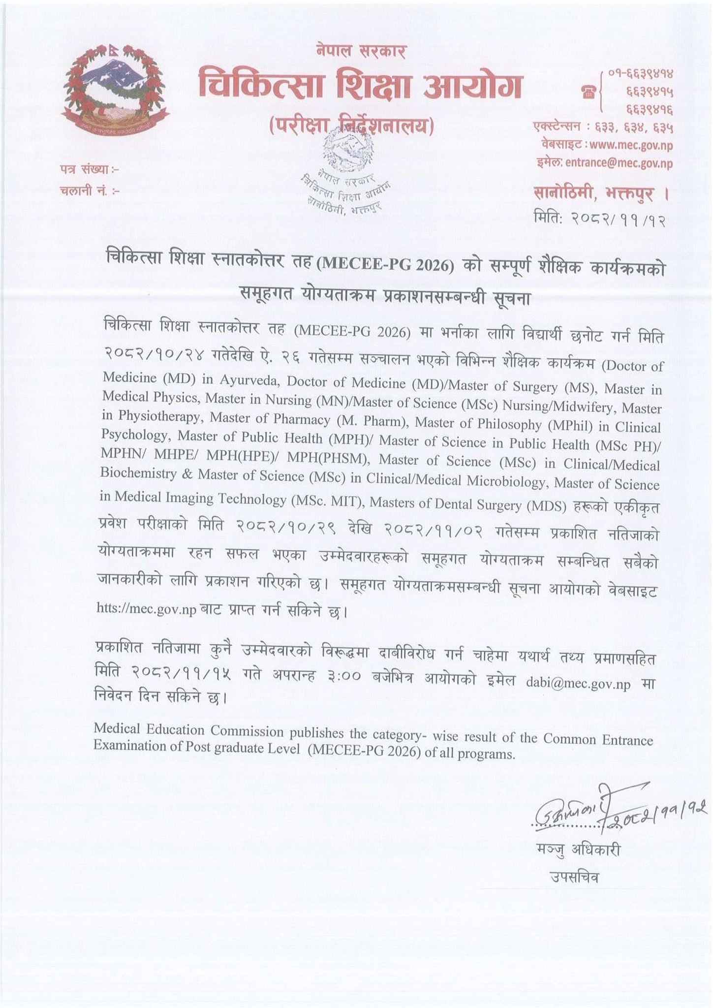 MECEE PG All Programs Categorywise Result Merit list by Name- 2026