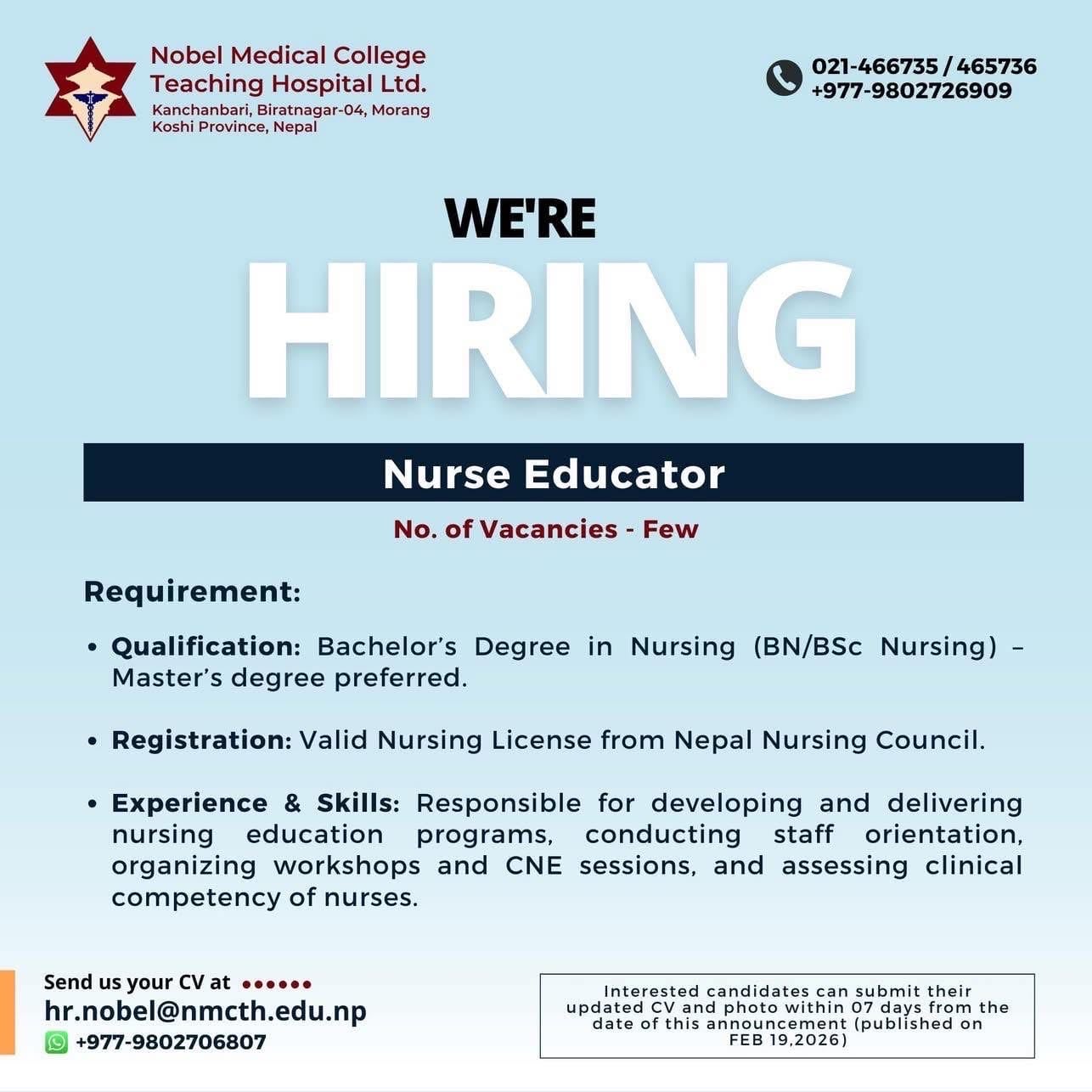 Nobel Medical college- vacancy for nursing educators